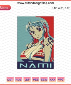 Nami Poster Embroidery Designs File, featuring intricate machine embroidery patterns from One Piece, perfect for crafting enthusiasts.