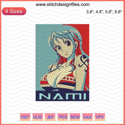 Nami Poster Embroidery Designs File, featuring intricate machine embroidery patterns from One Piece, perfect for crafting enthusiasts.