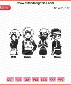 Team Minato Naruto Machine Embroidery Design featuring anime characters, digital file for embroidery projects.