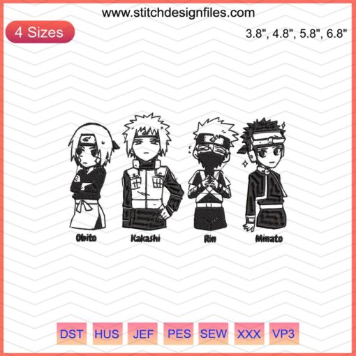 Team Minato Naruto Machine Embroidery Design featuring anime characters, digital file for embroidery projects.