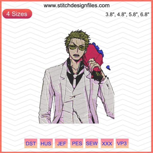 Roronoa Zoro embroidery design file, Naruto-style machine embroidery pattern, anime-inspired character stitches.