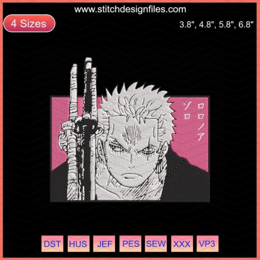 Roronoa Zoro embroidery design file featuring Naruto themed patterns, perfect for machine embroidery projects.