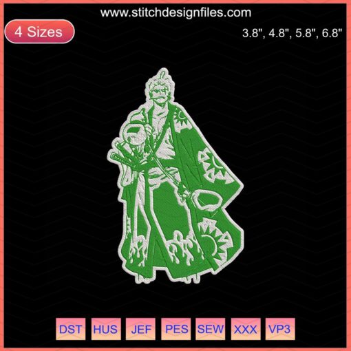 Roronoa Zoro embroidery file, detailed Naruto-themed design for machine embroidery, ideal for anime apparel projects.