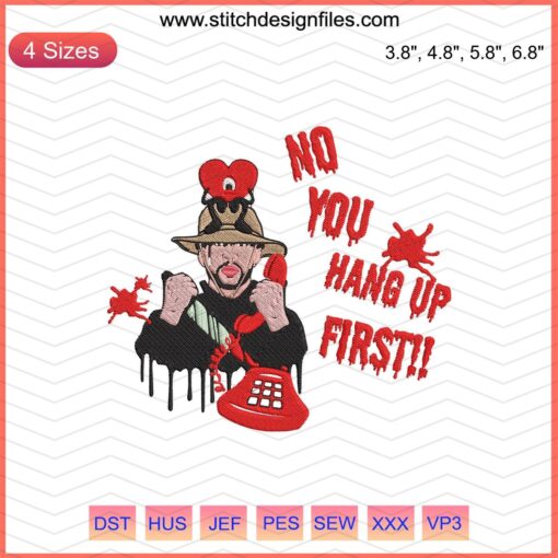 Bad Bunny "No You Hang Up First" Halloween embroidery design file; mix of spooky motifs; machine embroidery download.