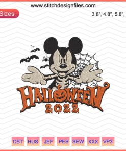 Mickey Halloween 2022 Embroidery Designs File: Festive Mickey Mouse with pumpkins and bats, machine embroidery ideal for Halloween.