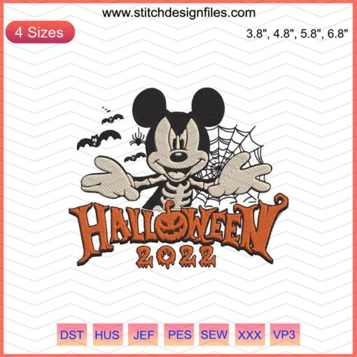 Mickey Halloween 2022 Embroidery Designs File: Festive Mickey Mouse with pumpkins and bats, machine embroidery ideal for Halloween.