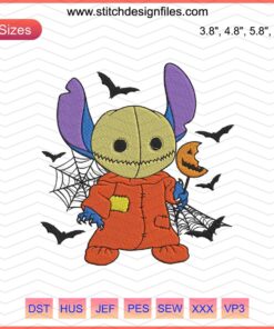 Halloween Stitch Sam Trick Or Treat Embroidery Design featuring a cute character with pumpkin basket; perfect for machine embroidery.