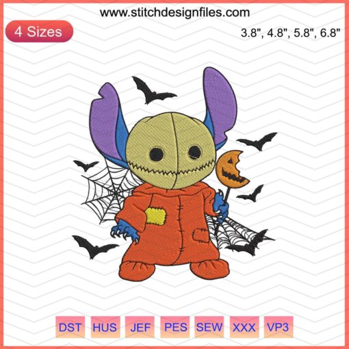 Halloween Stitch Sam Trick Or Treat Embroidery Design featuring a cute character with pumpkin basket; perfect for machine embroidery.