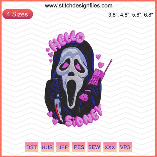 "Hello Sidney Scream Ghost Embroidery Design File: Halloween Machine Embroidery Pattern with Iconic Ghostface Motif"