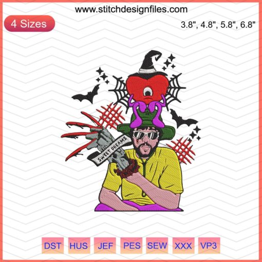 Bad Bunny Sweet Dream Freddy Krueger Halloween Embroidery Design File, Spooky Machine Embroidery Pattern, Instant Download