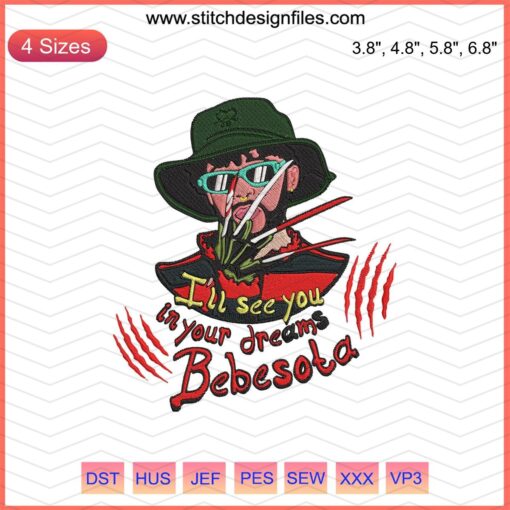 "Bebesota Bad Bunny Freddy Krueger Halloween Embroidery Design File - Spooky Machine Embroidery for Halloween Crafts"