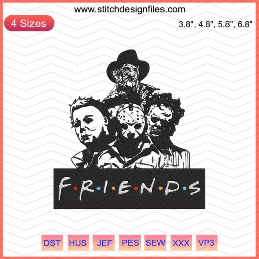 Horror Characters Friends Halloween Embroidery Designs File - Spooky machine embroidery patterns for festive crafting projects.