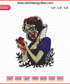Horror Snow White embroidery design with Halloween themes; perfect for machine embroidery, spooky princess patterns.
