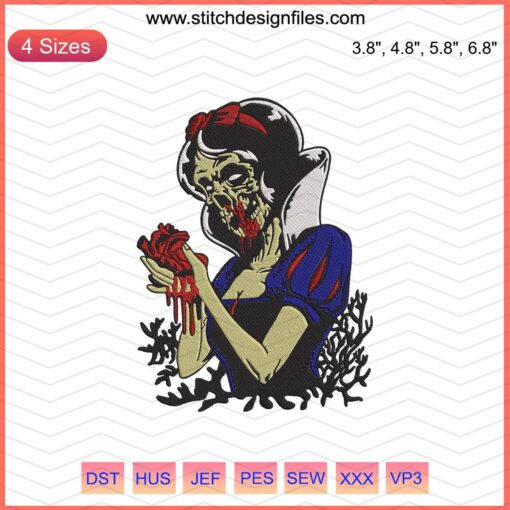 Horror Snow White embroidery design with Halloween themes; perfect for machine embroidery, spooky princess patterns.