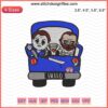 Horror characters truck embroidery design, Halloween machine embroidery. Spooky figures in vehicle for creative embellishment.