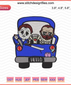 Horror characters truck embroidery design, Halloween machine embroidery. Spooky figures in vehicle for creative embellishment.