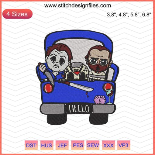 Horror characters truck embroidery design, Halloween machine embroidery. Spooky figures in vehicle for creative embellishment.