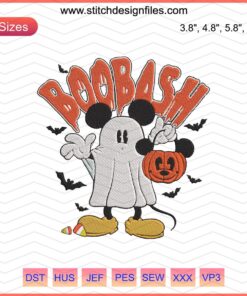 "Boobash Mickey Boo Halloween Embroidery Design File: Festive Mickey Mouse in Halloween Costume for Machine Embroidery"