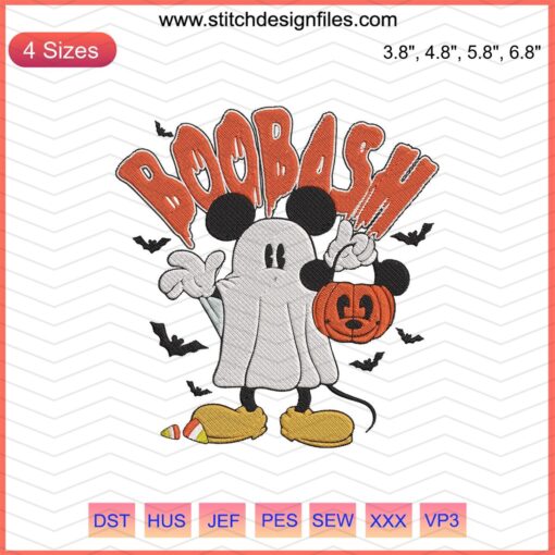"Boobash Mickey Boo Halloween Embroidery Design File: Festive Mickey Mouse in Halloween Costume for Machine Embroidery"