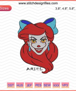 Ariel Pennywise Embroidery File: Halloween Machine Embroidery Design featuring clown-themed artwork for crafting projects.