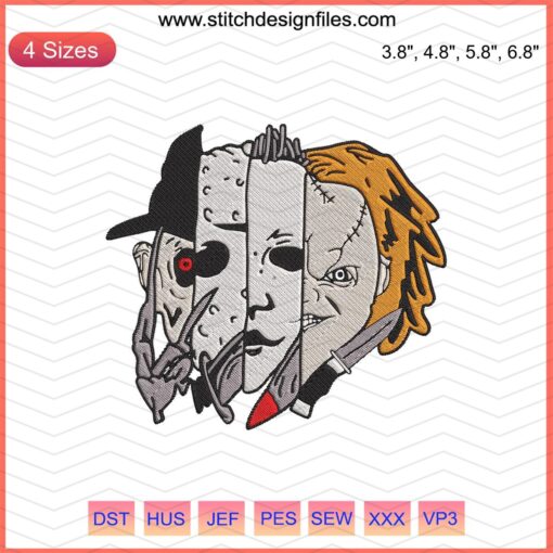 Halloween machine embroidery designs featuring horror friends' faces, perfect for spooky DIY projects.