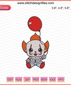 Baby Clown IT Halloween Machine Embroidery Design: Creepy clown face with red balloons, ideal for spooky crafts and apparel.