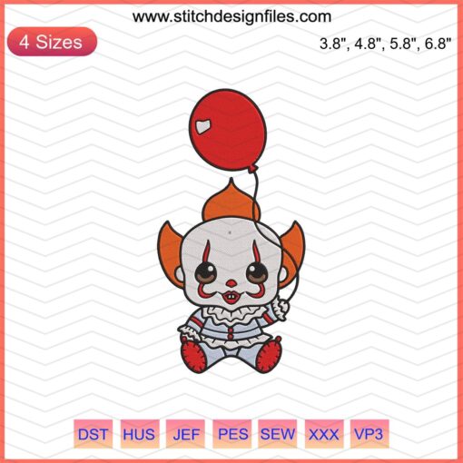 Baby Clown IT Halloween Machine Embroidery Design: Creepy clown face with red balloons, ideal for spooky crafts and apparel.