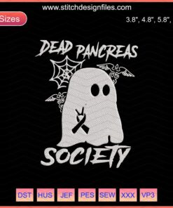 Halloween-themed Dead Pancreas Society embroidery design file featuring skeletons and witty text for machine embroidery projects.