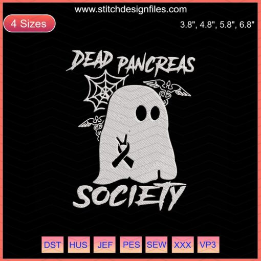 Halloween-themed Dead Pancreas Society embroidery design file featuring skeletons and witty text for machine embroidery projects.