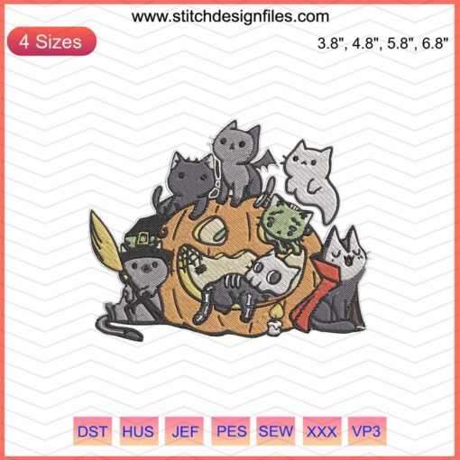 Embroider a charming Halloween cat design, perfect for machine embroidery; download detailed digital embroidery files now.