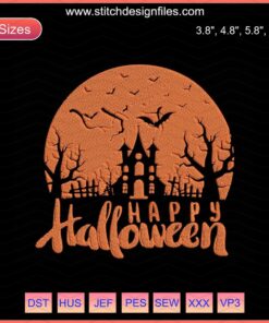 Cute Halloween-themed machine embroidery design featuring pumpkins, ghosts, and bats. Perfect for festive DIY projects.