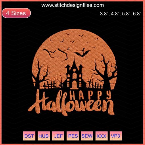 Cute Halloween-themed machine embroidery design featuring pumpkins, ghosts, and bats. Perfect for festive DIY projects.
