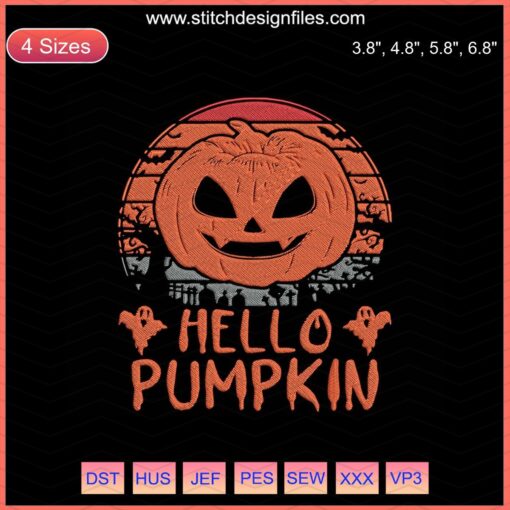 Halloween Hello Pumpkin Embroidery Designs File: Festive Machine Embroidery Patterns for Crafting and Seasonal Decor.