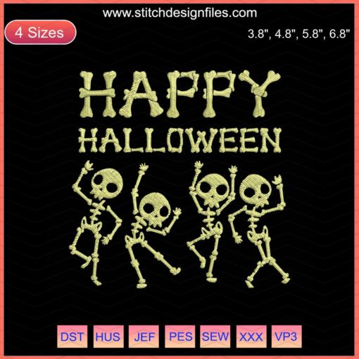 Halloween Skeleton Embroidery Design File: Spooky machine embroidery for festive Halloween projects, intricate skeleton details.
