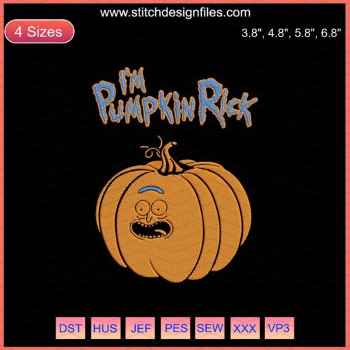 Pumpkin Rick embroidery design file for machine embroidery, perfect for Halloween crafts. Fun, spooky, detailed design.