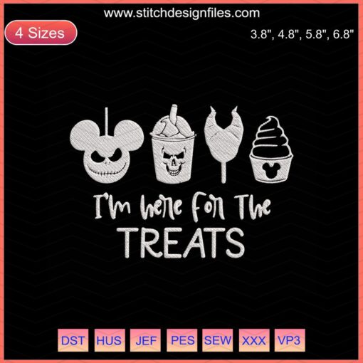 Halloween embroidery design reading "I'm Here For The Treats" with spooky elements, machine embroidery file, festive October decor.