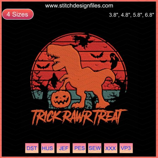 Trick Rawr Treat Dinosaurs Embroidery Designs for Halloween, Machine Embroidery File, Cute Dinosaur Patterns, Festive Crafting.