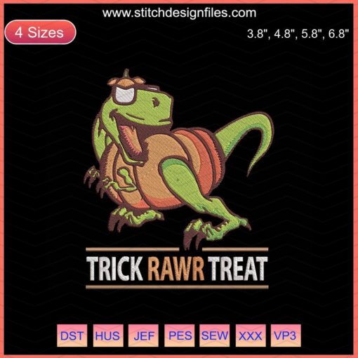 Halloween Dinosaur Pumpkin Trick or Treat Embroidery Design, Halloween Machine Embroidery File, Festive Dino Embroidery Pattern