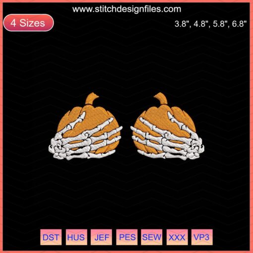 Bony hand with pumpkins embroidery design file, Halloween machine embroidery pattern, spooky skeleton hand, festive decor