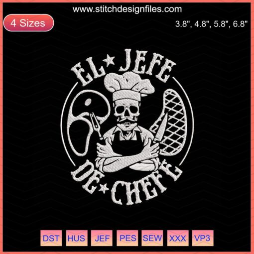 Chef Skeleton Embroidery Design File - Halloween Machine Embroidery Design with a spooky skeleton chef motif.