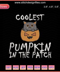 Halloween embroidery file, featuring "Coolest Pumpkin In The Patch" design, machine embroidery, pumpkin, Halloween themed design.