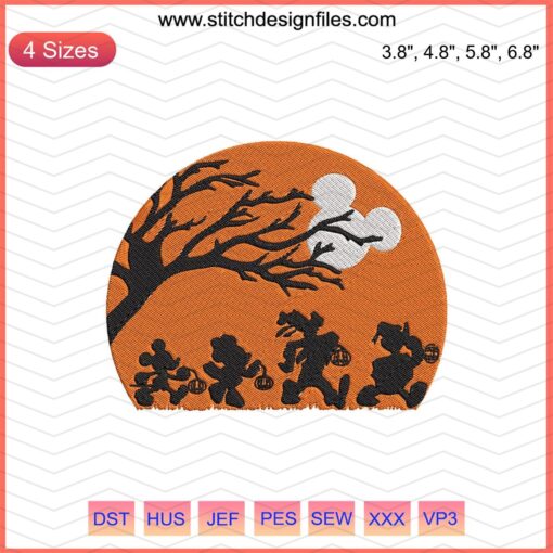 Disney Character Halloween Embroidery Designs File, Halloween Machine Embroidery Designs: Mickey, Minnie in festive costumes.