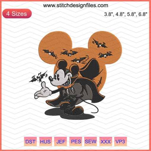 Mickey Vampire Halloween Embroidery Designs, spooky machine embroidery patterns for festive Halloween projects.