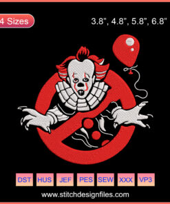 Pennywise clown embroidery design file for Halloween machine embroidery, digital horror design, spooky sewing pattern.
