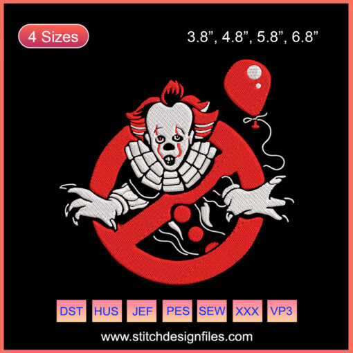 Pennywise clown embroidery design file for Halloween machine embroidery, digital horror design, spooky sewing pattern.