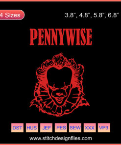 Pennywise Horror Clown Embroidery Design, Halloween Machine Embroidery File, Scary Clown Pattern for DIY Craft Projects.
