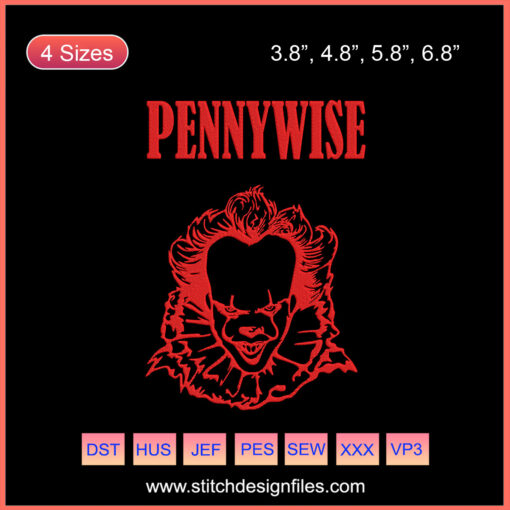 Pennywise Horror Clown Embroidery Design, Halloween Machine Embroidery File, Scary Clown Pattern for DIY Craft Projects.