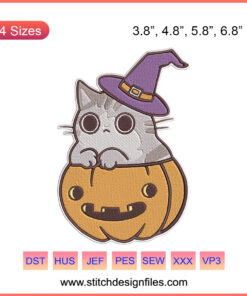 Halloween-themed Pumpkin Cat Embroidery Designs File, featuring playful pumpkin-cats for machine embroidery; festive detailing.