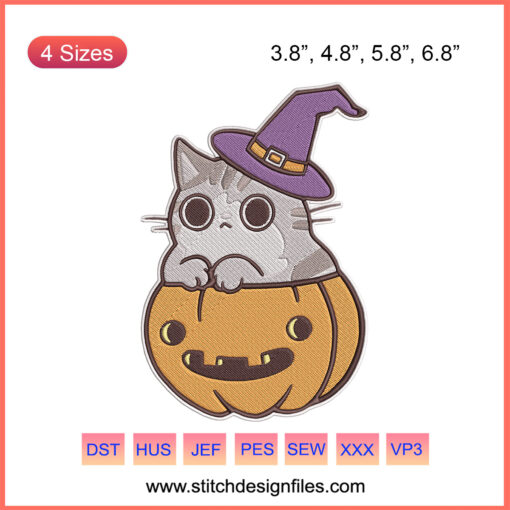Halloween-themed Pumpkin Cat Embroidery Designs File, featuring playful pumpkin-cats for machine embroidery; festive detailing.