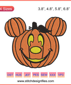 Pumpkin Mickey Embroidery Designs File, Halloween Machine Embroidery, Disney-themed stitching, festive fall decor pattern.